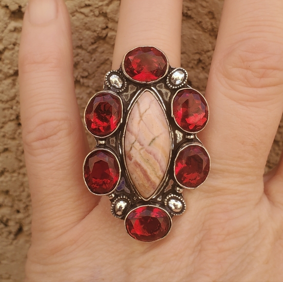 New Oversized Rhodochrosite & Garnet 925 Silver Statement Ring. - Picture 7 of 16